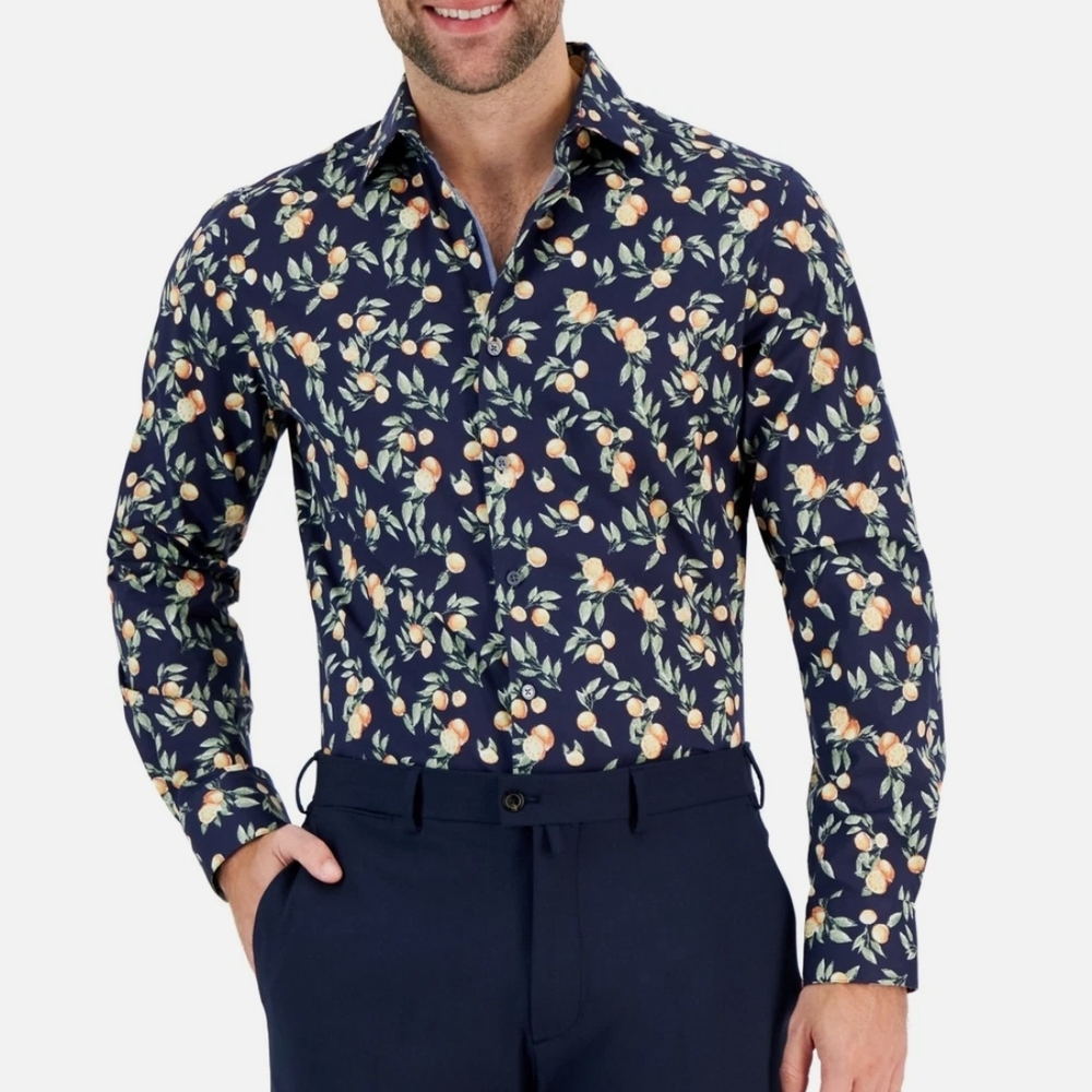 Bar III Slim Fit Mens Stretch Blue and Orange Button Down Shirt, Size M, 15.5